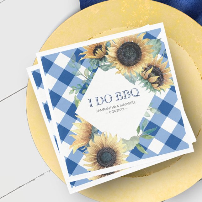 Servilleta De Papel Rústico País Sunflower y Blue Gingham I Do BBQ (wedding I do bbq napkins sunflower blue gingham)