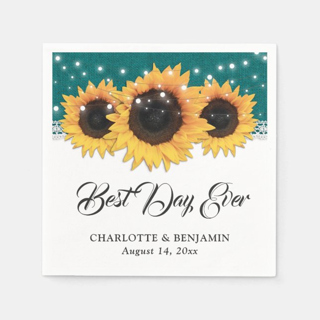 Servilleta De Papel Rústico Verde azulado Burlap Lace Sunflower Boda (Anverso)
