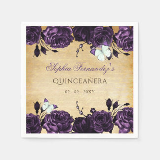 Servilleta De Papel Rústico Vintage Floral Mariposa Púrpura  