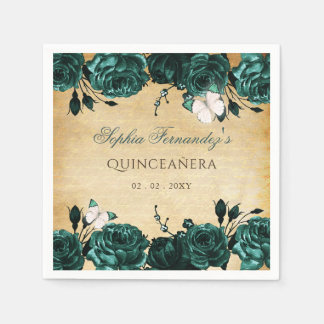 Servilleta De Papel Rústico Vintage Verde Esmeralda Floral Mariposa