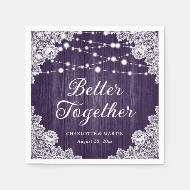 Servilleta De Papel Rústico Wood Lace String ilumina Boda púrpura (Anverso)