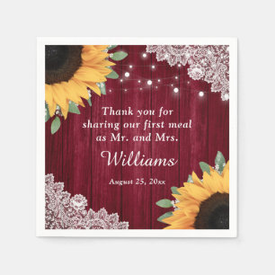 Servilleta De Papel Rústico Wood Lace Sunflower Burgundy Boda