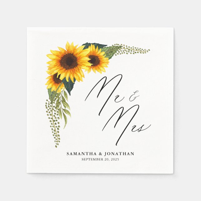 Servilleta De Papel Rústicos Sunflowers Script Mr and Mrs Boda (Anverso)