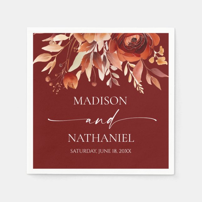 Servilleta De Papel Rusty Burgundy Brown Floral Flower Wedding (Anverso)