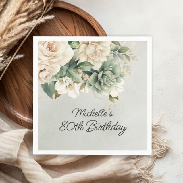 Servilleta De Papel Sabio Blanco Verde Floral Dorado Cumpleaños 80 (White and sage green watercolor floral birthday party paper napkins)