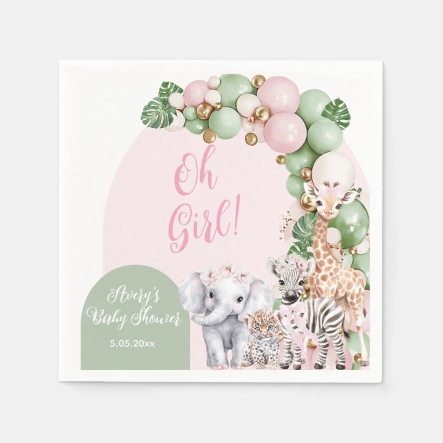 Servilleta De Papel Safari Animal Tropical Green Pink Baby Shower (Anverso)