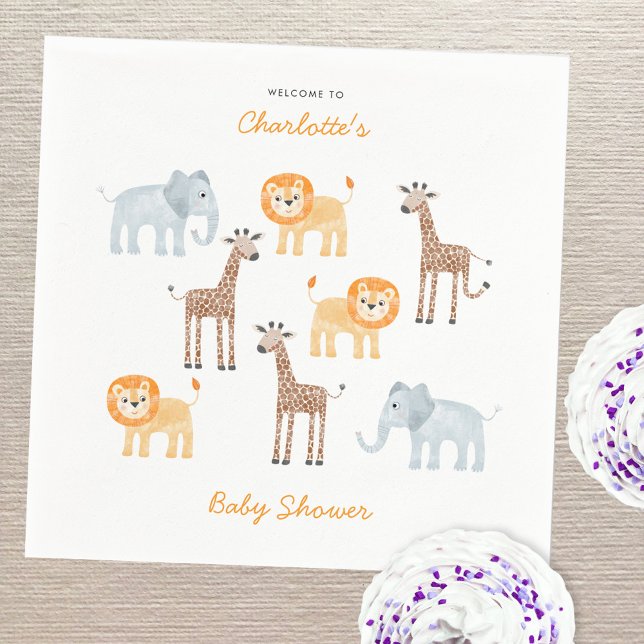 Servilleta De Papel Safari Animals Watercolor Baby Shower personalizad (Fun watercolor baby safari animals personalized baby shower party paper napkins)