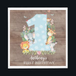 Servilleta De Papel Safari Jungle Boys First Birthday Paper Napkins<br><div class="desc">Animales de la selva de safari con cebra,  elefante,  león,  mono y jirafa con una variedad de hojas de la jungla sobre un fondo de madera. Visita nuestra tienda para ver toda nuestra colección de cumpleaños safari para chicos de la jungla!</div>