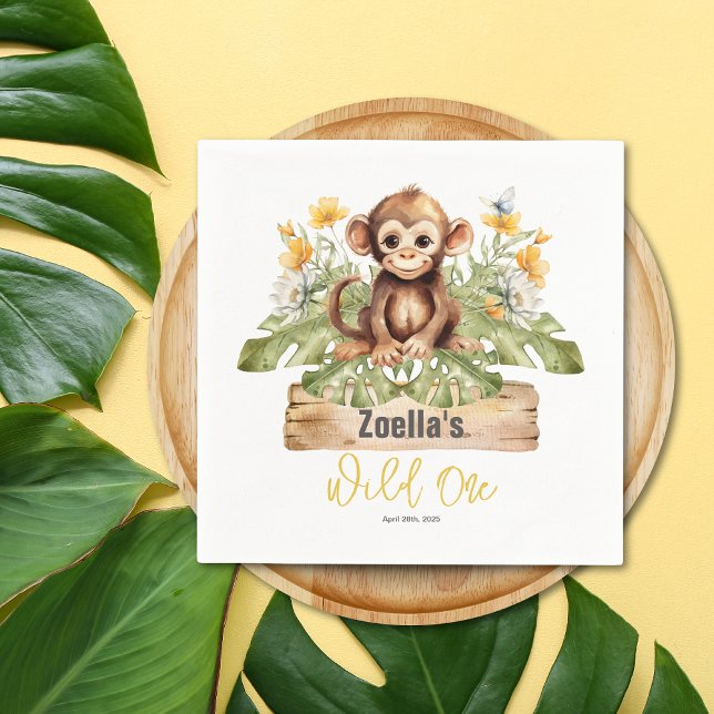 Servilleta De Papel Safari Jungle Monkey Watercolor Tropical Cumpleaño (Safari Jungle Tropical Yellow White Flowers Monkey Wild One Birthday Napkin)