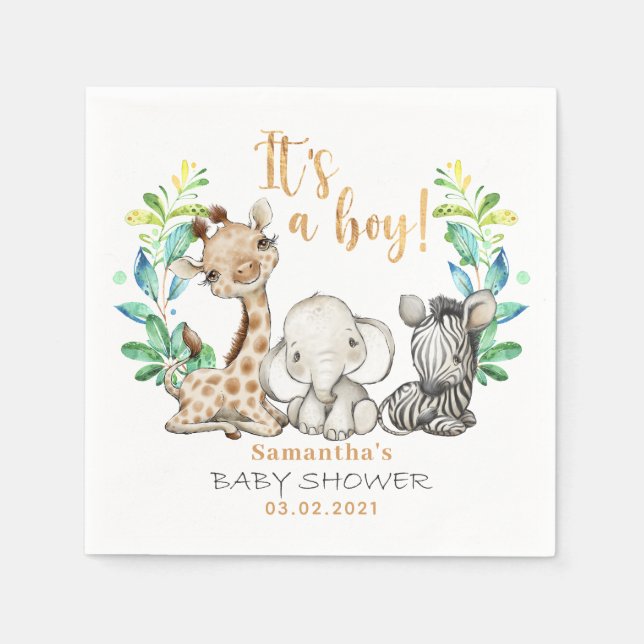 Servilleta De Papel Safari Wild Giraffe Elephant Baby Shower (Anverso)
