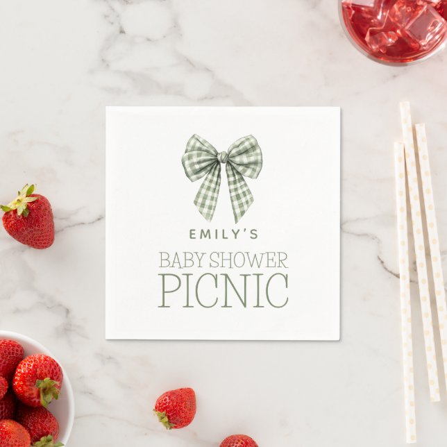 Servilleta De Papel Sage Gingham Bow Nombre Baby Shower Picnic (In situ)