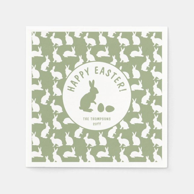 Servilleta De Papel Sage Green And White Bunnies Happy Easter (Anverso)