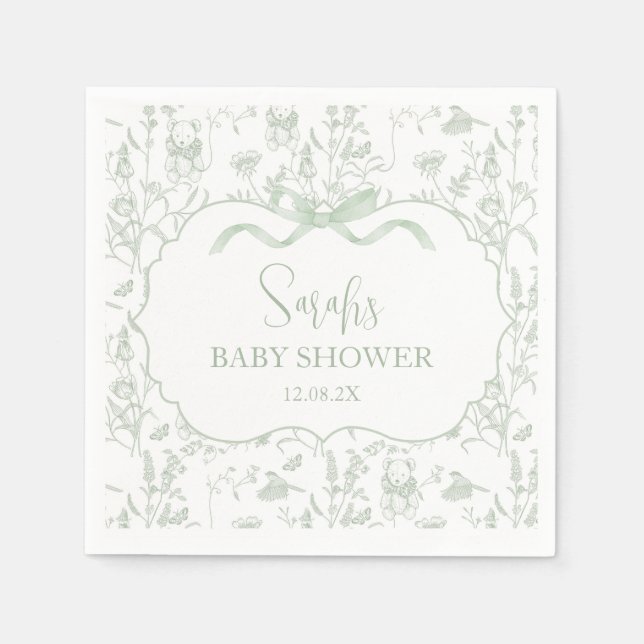 Servilleta De Papel Sage Green Bow Chinoiserie Baby Shower (Anverso)
