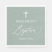 Sage Green Cross White Boy Baptism Paper