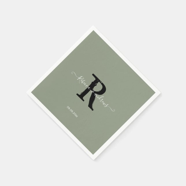 Servilleta De Papel Sage Green Elegant Monograma Script Boda inicial (Borde)