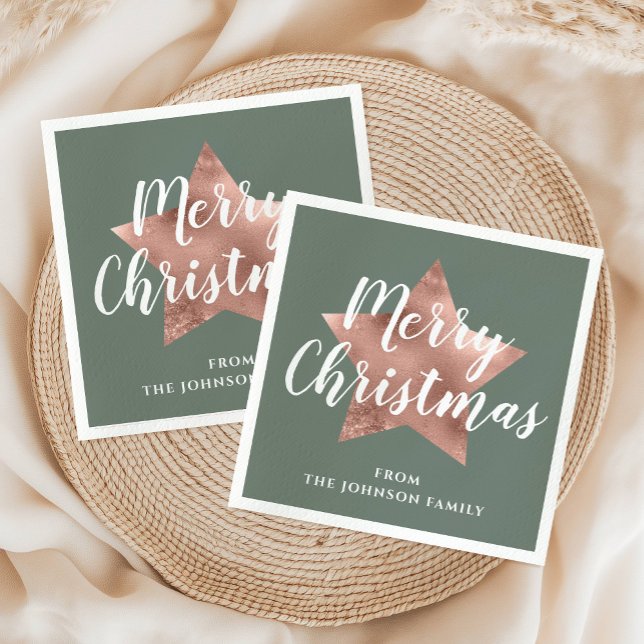 Servilleta De Papel Sage Green Faux Rosa Gold Star Feliz Navidad (Sage Green Faux Rose Gold Star Merry Christmas Napkins)