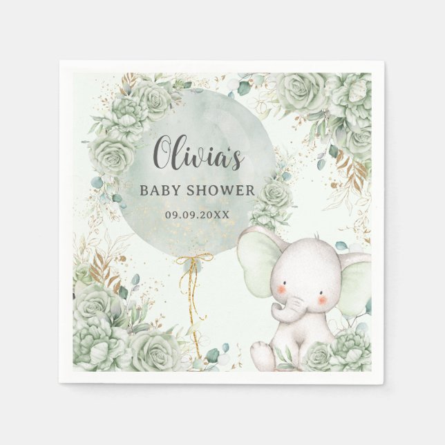 Servilleta De Papel Sage Green Floral Elephant Baby Shower (Anverso)
