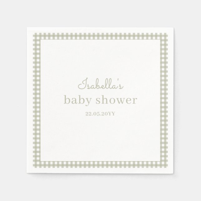 Servilleta De Papel Sage Green Gingham Baby Shower (Anverso)