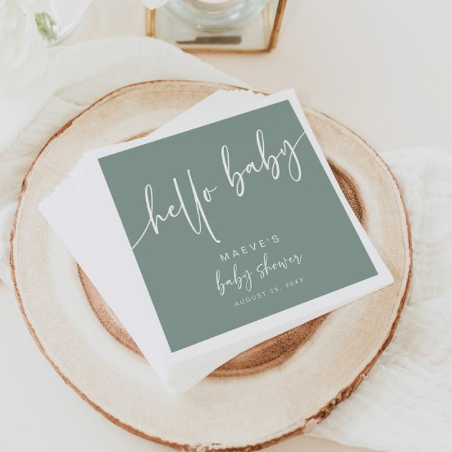 Servilleta De Papel Sage Green Hello Baby Shower Paper Napkins Modern (Subido por el creador)