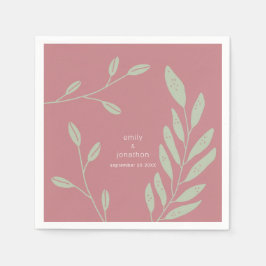 Servilleta De Papel Sage Green Leaves Dusty Rosa Nombres Boda de fecha
