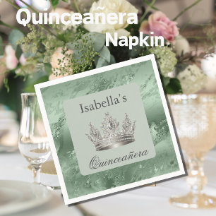 Servilleta De Papel Sage Green Metallic Silver Crown Tiara Quinceañera