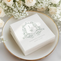 Sage Green Monograma Floral Escudo Elegante Boda