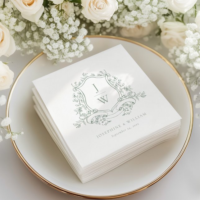 Servilleta De Papel Sage Green Monograma Floral Escudo Elegante Boda (Subido por el creador)