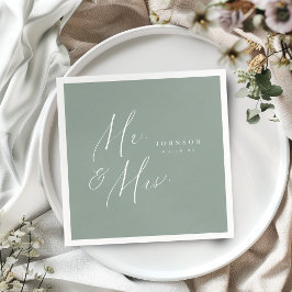 Servilleta De Papel Sage Green Mr. y Mrs. script boda minimalista