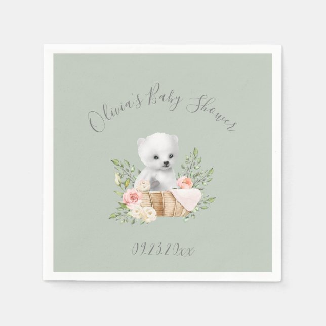 Servilleta De Papel Sage Green Polar Bear Baby Shower (Anverso)