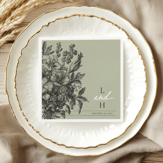 Servilleta De Papel Sage Green Vintage Floral Monogram Wedding