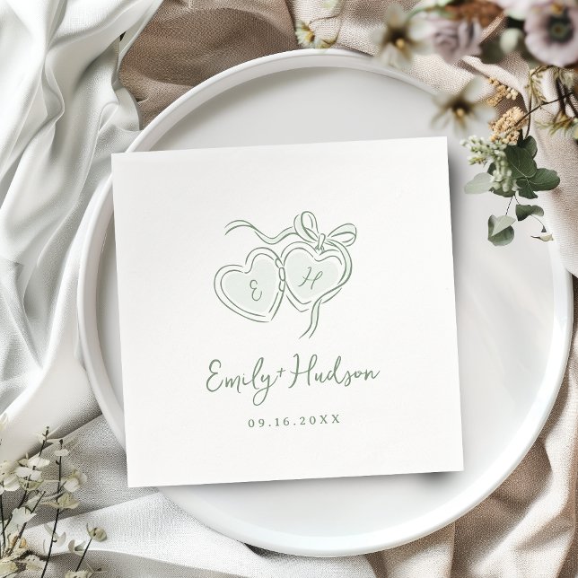 Servilleta De Papel Sage Hand Drawn Hearts Monogram Whimsical Wedding (Sage Hand Drawn Hearts Monogram Whimsical Wedding Napkins)