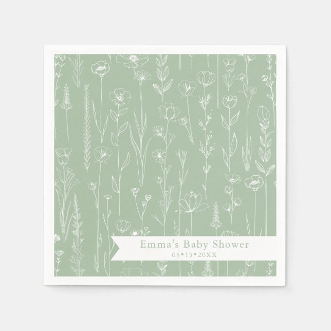 Servilleta De Papel Sage Wildflower Baby Shower | Floral Pattern (Anverso)