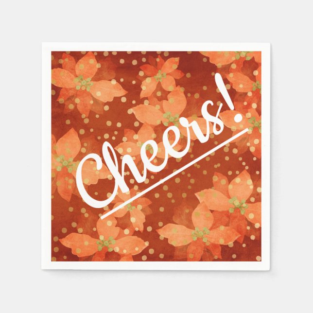 Servilleta De Papel ¡Salud! Fondo de poinsettia roja y acento dorado (Anverso)