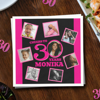Servilleta De Papel Saludos 30 cumpleaños 8 foto nombre negro rosado