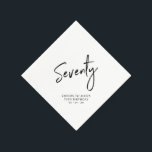 Servilleta De Papel Saludos a 70 | Modern Adult 70th Birthday Party<br><div class="desc">Esta servilleta de papel personalizado le añadirá un detalle elegante a su celebración de cumpleaños número 70. Este diseño presenta una sencilla letra de moda "Setenta" con texto personalizado. En mi tienda BaraBomDesign hay disponibles invitaciones y suministros para fiestas coincidentes.</div>