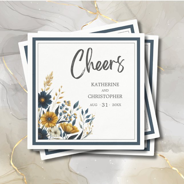 Servilleta De Papel Saludos Blue Yellow Floral Elegant Wedding (Cheers Blue Gold Floral Wedding Cocktail Napkin with Couple Names, Wedding Date.)