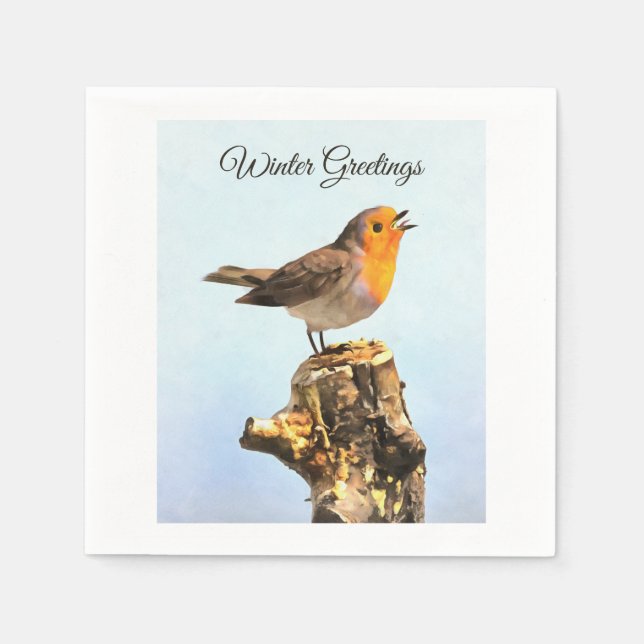 Servilleta De Papel Saludos de invierno. Robin cantando  (Anverso)