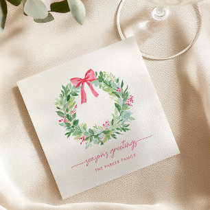 Servilleta De Papel Saludos de temporada   Corona de Navidad y lazo ro