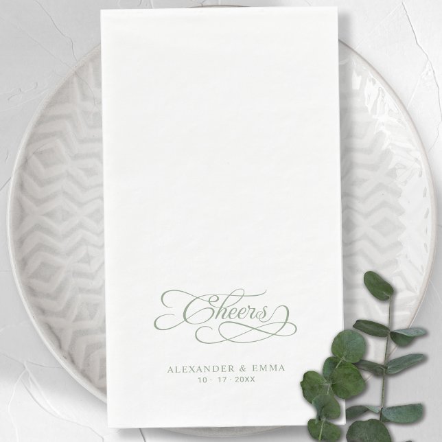 Servilleta De Papel Saludos Elegantes caligrafía verde de bodas (Cheers Elegant Wedding Sage Green Calligraphy Paper Guest Towels)