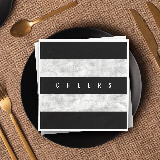 Servilleta De Papel Saludos Moda Relieve metalizado plateado Fiesta de (Cheers Chic Silver Foil Black Stripe Holiday Party Paper Napkins @ fat_fa_tin)