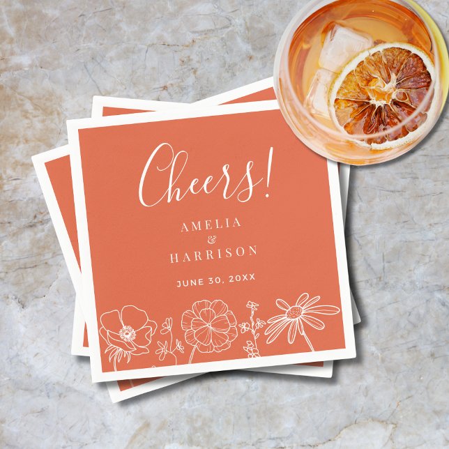 Servilleta De Papel Saludos Verona Sunset Elegant Naranja Boda Floral (Cheers Verona Sunset Orange Floral Line Art Wedding Cocktail Napkin with Couple Names, Date.)