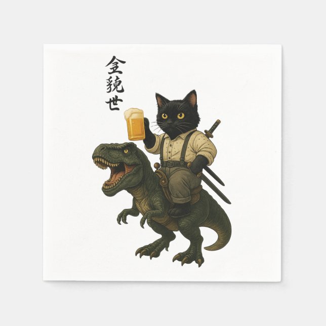 Servilleta De Papel Samurai Cat with Beer & T-Rex | Retro Japanese Art (Anverso)