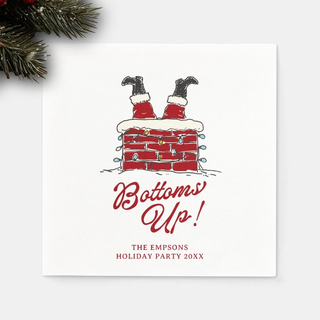 Servilleta De Papel Santa Bottoms Up Acento divertido de cóctel navide (Square cocktail napkin with Santa upside-down in a chimney, fun “Bottoms Up!” red lettering)