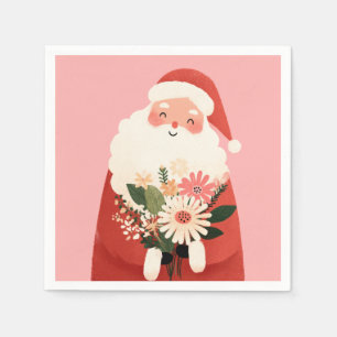 Servilleta De Papel Santa Claus con flores y Navidades rosados