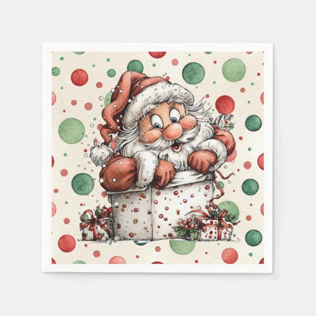 Servilleta De Papel Santa Claus Crawling Out of Gift Box (Anverso)