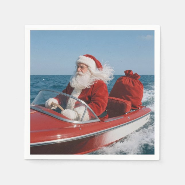 Servilleta De Papel Santa Claus Delivering Gifts By Speedboat (Anverso)