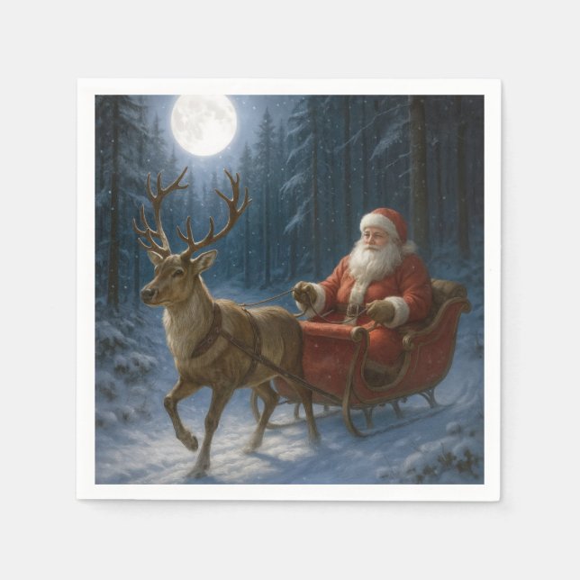 Servilleta De Papel Santa Claus Driving a Sleigh In Moonlight (Anverso)