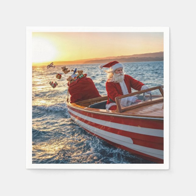 Servilleta De Papel Santa Claus Driving a Speedboat (Anverso)