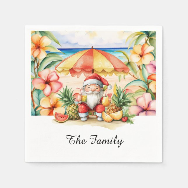 Servilleta De Papel SANTA CLAUS en la playa de Hawaii para Navidades (Anverso)