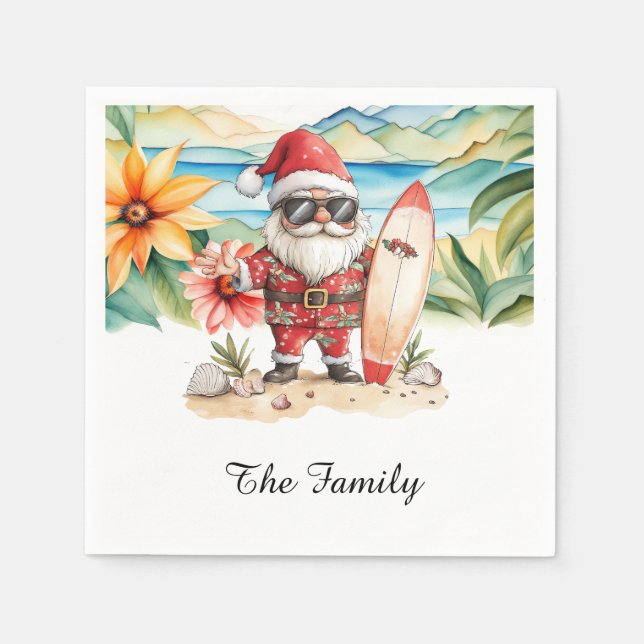 Servilleta De Papel SANTA CLAUS en la playa de Hawaii para Navidades (Anverso)